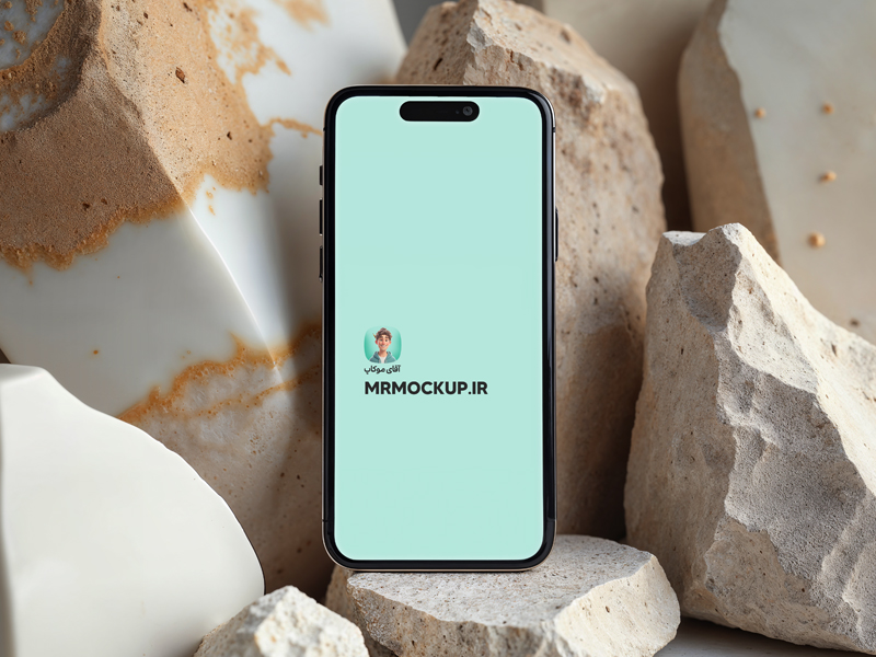 موکاپ آیفون 14 با سنگ‌های طبیعی و دکور مینیمال | iPhone 14 Mockup مدرن